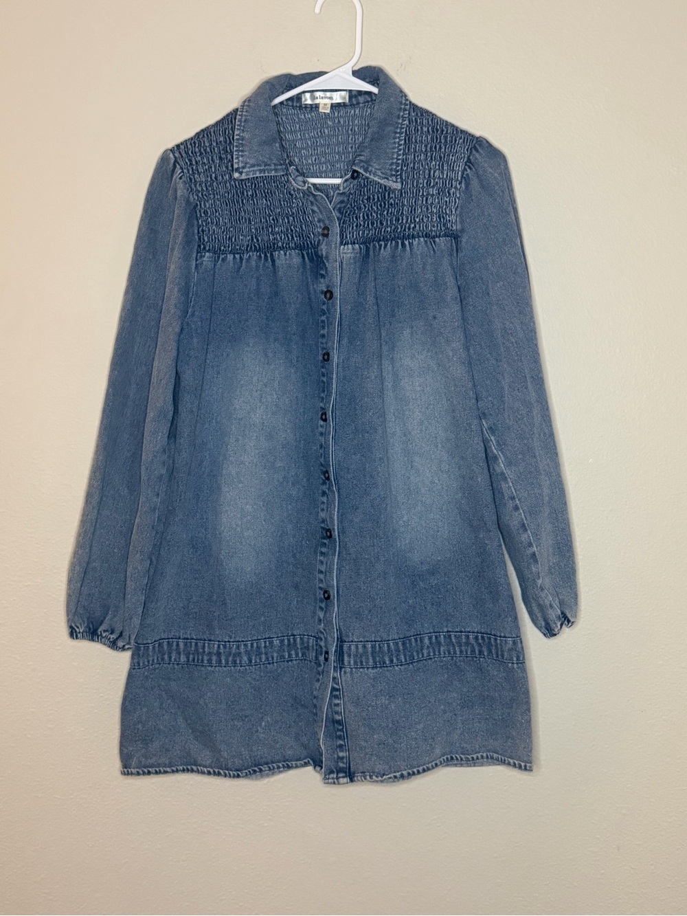 Lalavon Denim Button Up Collard Smocked Long Sleeve Dress Size Medium